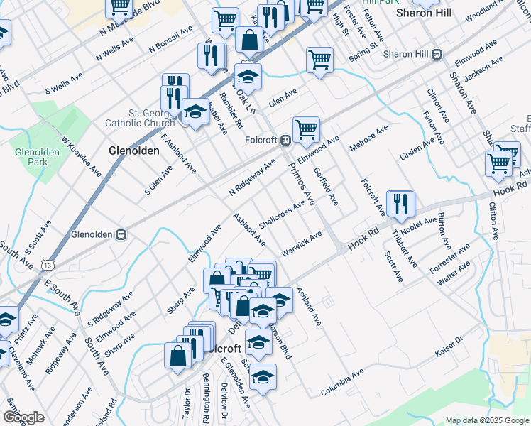 map of restaurants, bars, coffee shops, grocery stores, and more near 429 Dalmas Avenue in Folcroft