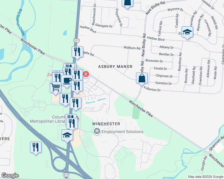 map of restaurants, bars, coffee shops, grocery stores, and more near Winchester Pike in Groveport