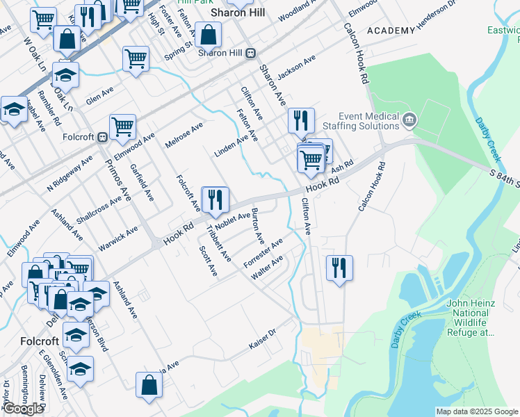 map of restaurants, bars, coffee shops, grocery stores, and more near 1009 Burton Avenue in Sharon Hill