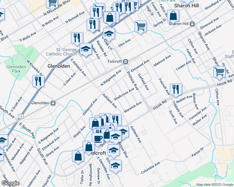 map of restaurants, bars, coffee shops, grocery stores, and more near 429 Dalmas Avenue in Folcroft