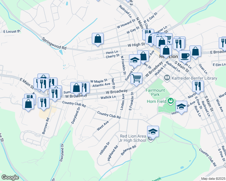map of restaurants, bars, coffee shops, grocery stores, and more near 603 West Broadway in Red Lion