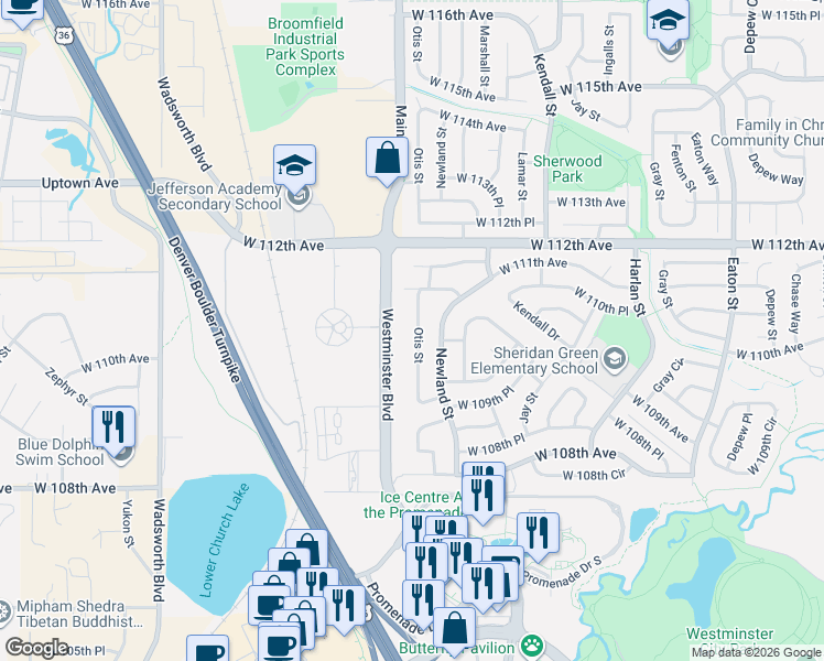 map of restaurants, bars, coffee shops, grocery stores, and more near 11069 Otis Street in Broomfield