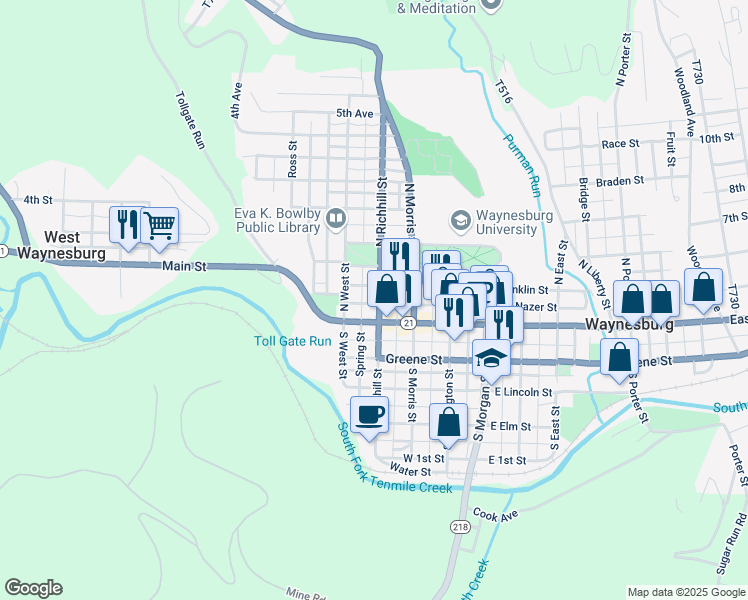 map of restaurants, bars, coffee shops, grocery stores, and more near 48 North Richhill Street in Waynesburg