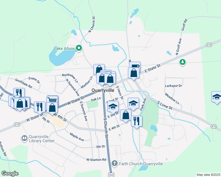 map of restaurants, bars, coffee shops, grocery stores, and more near 17 East State Street in Quarryville