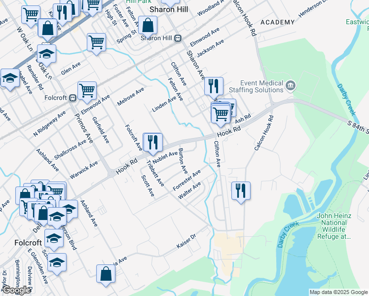 map of restaurants, bars, coffee shops, grocery stores, and more near 1009 Burton Avenue in Sharon Hill