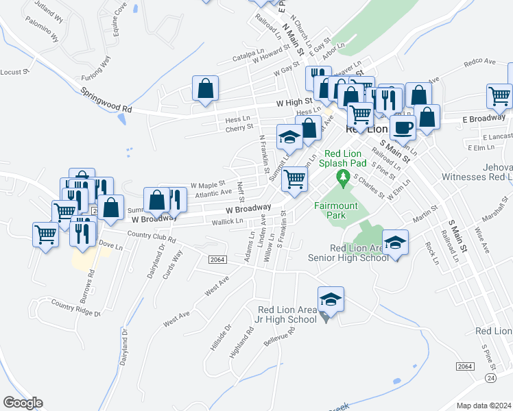 map of restaurants, bars, coffee shops, grocery stores, and more near 515 West Broadway in Red Lion