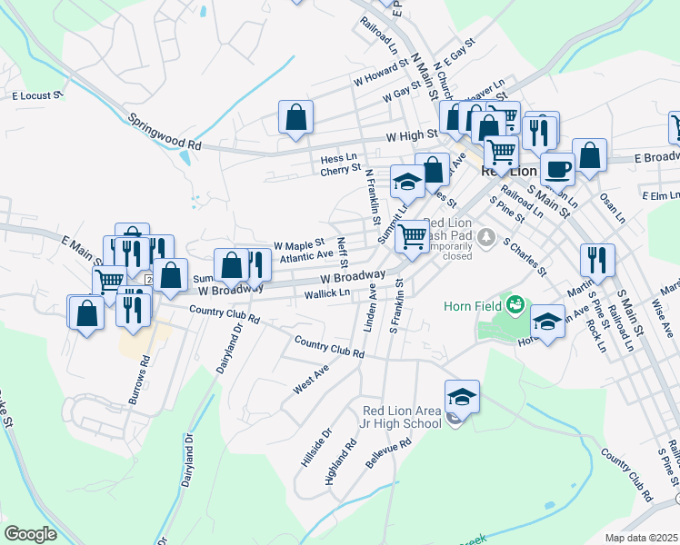 map of restaurants, bars, coffee shops, grocery stores, and more near 607 West Broadway in Red Lion