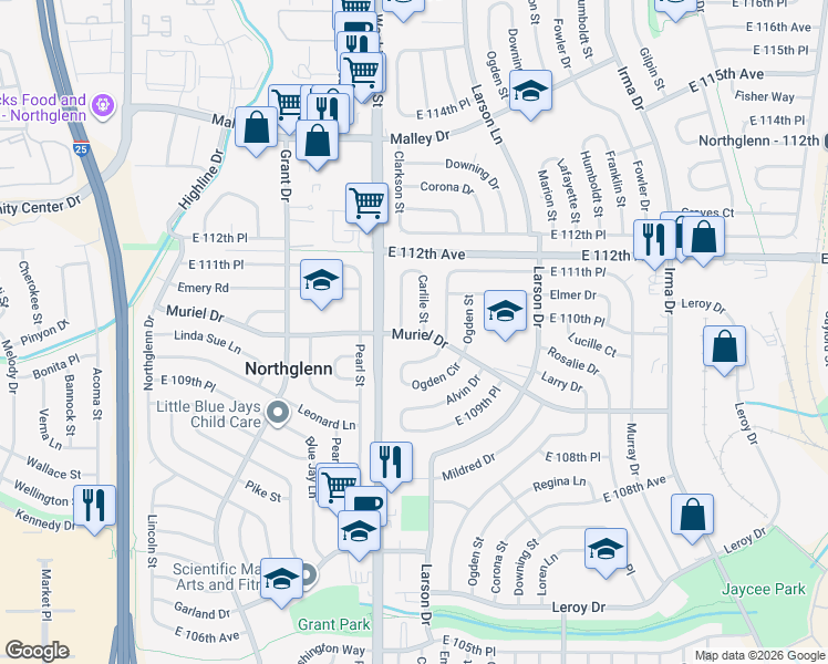 map of restaurants, bars, coffee shops, grocery stores, and more near 822 Muriel Drive in Northglenn