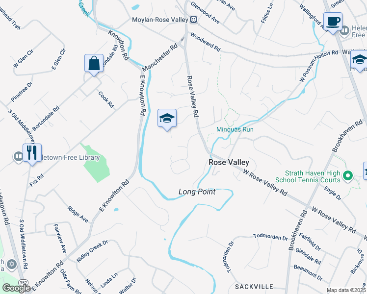 map of restaurants, bars, coffee shops, grocery stores, and more near 108 Traymore Lane in Rose Valley