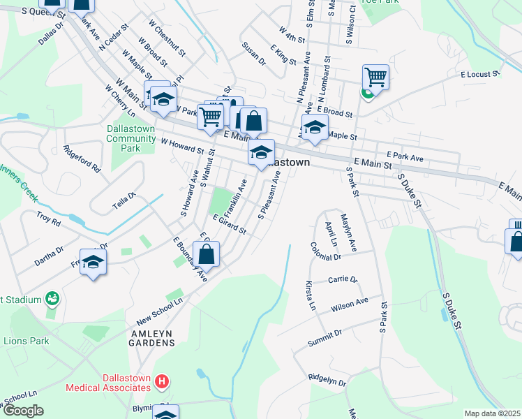 map of restaurants, bars, coffee shops, grocery stores, and more near 220 South Pleasant Avenue in Dallastown
