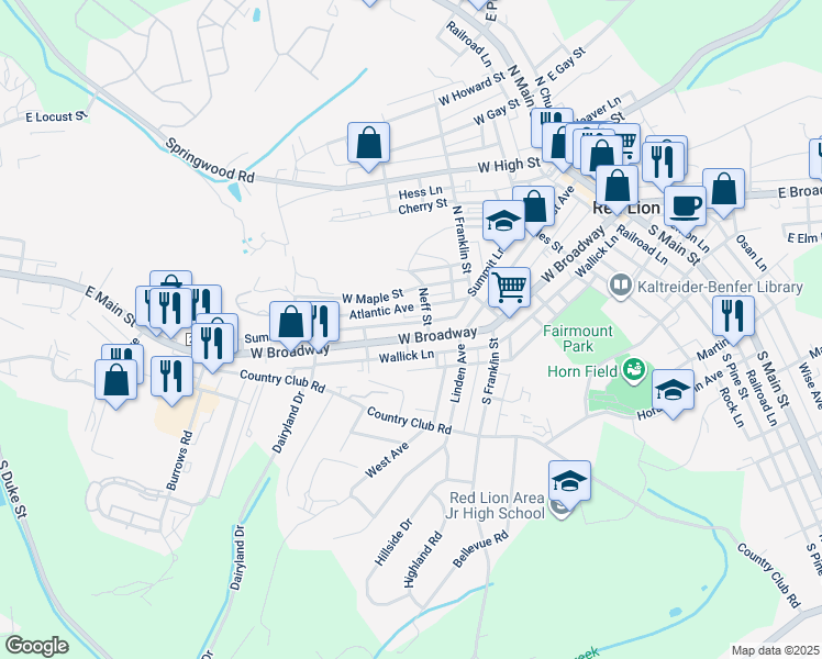 map of restaurants, bars, coffee shops, grocery stores, and more near 621 West Broadway in Red Lion