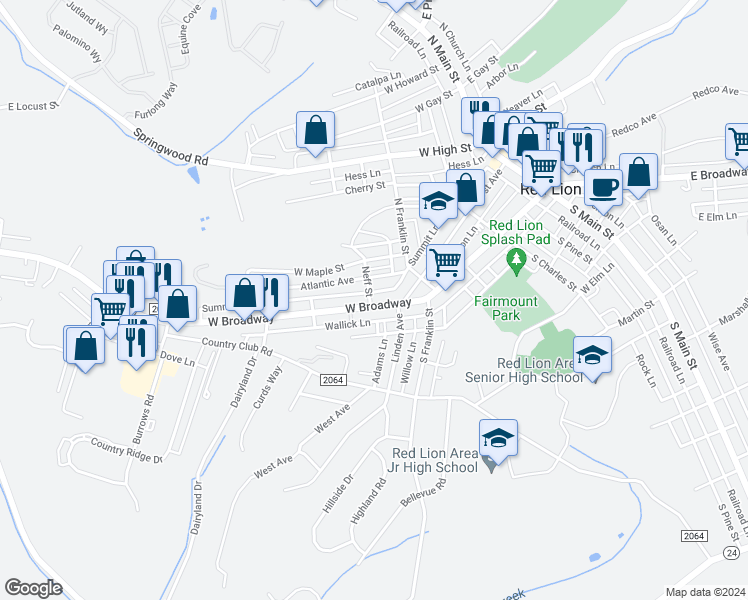 map of restaurants, bars, coffee shops, grocery stores, and more near 535 West Broadway in Red Lion