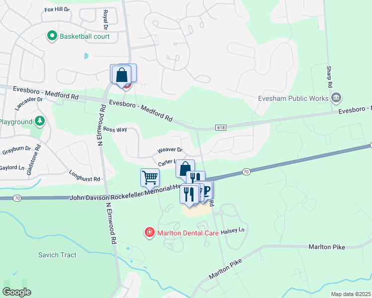 map of restaurants, bars, coffee shops, grocery stores, and more near 22 Weaver Drive in Evesham