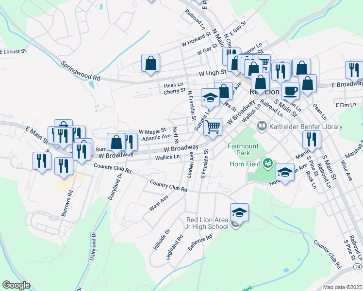 map of restaurants, bars, coffee shops, grocery stores, and more near 529 West Broadway in Red Lion