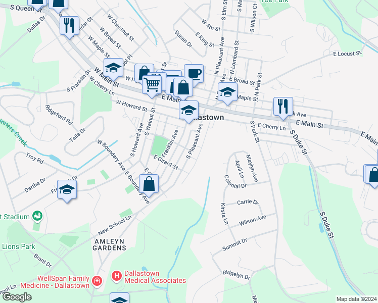 map of restaurants, bars, coffee shops, grocery stores, and more near 220 South Pleasant Avenue in Dallastown
