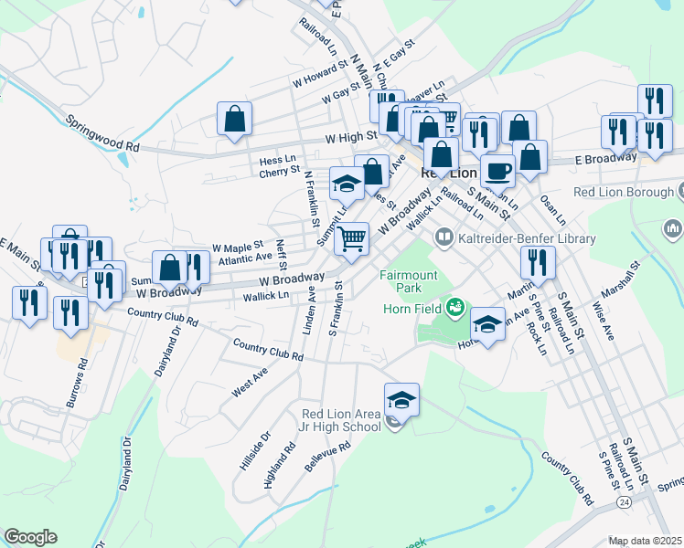 map of restaurants, bars, coffee shops, grocery stores, and more near 364 West Broadway in Red Lion