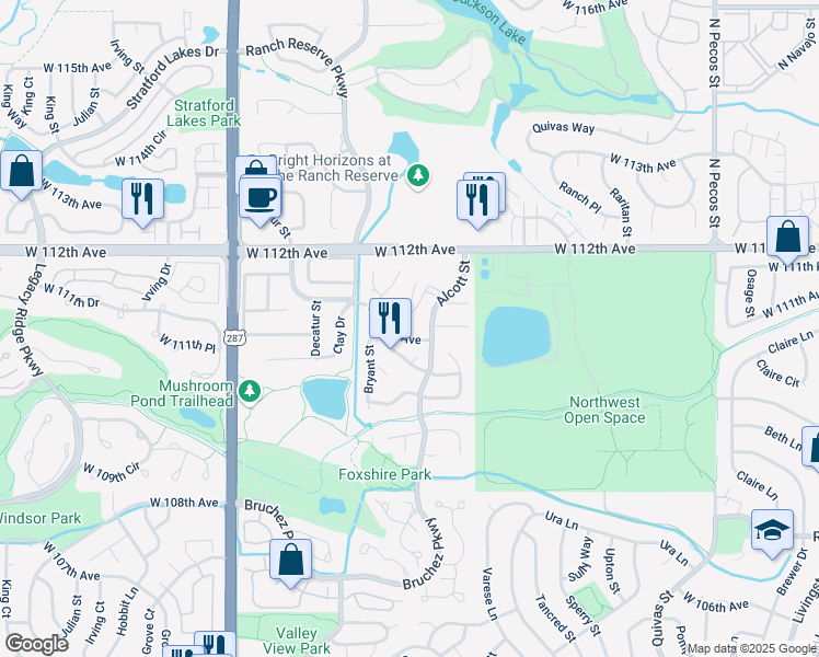 map of restaurants, bars, coffee shops, grocery stores, and more near 2533 West 110th Avenue in Westminster
