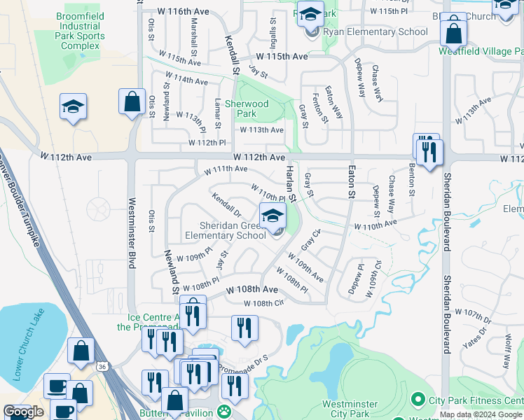 map of restaurants, bars, coffee shops, grocery stores, and more near 10994 Jay Street in Westminster