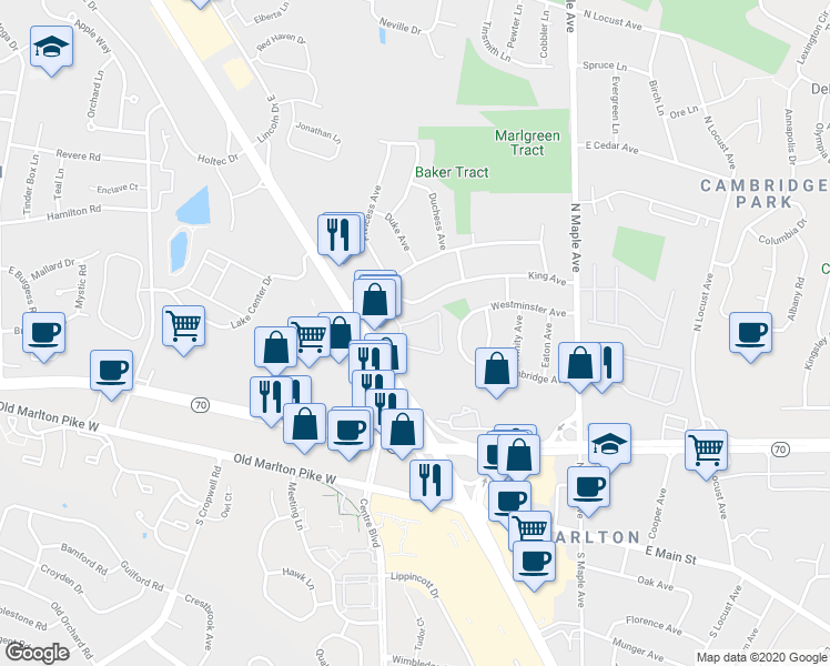 map of restaurants, bars, coffee shops, grocery stores, and more near 10 Baker Boulevard in Evesham Township