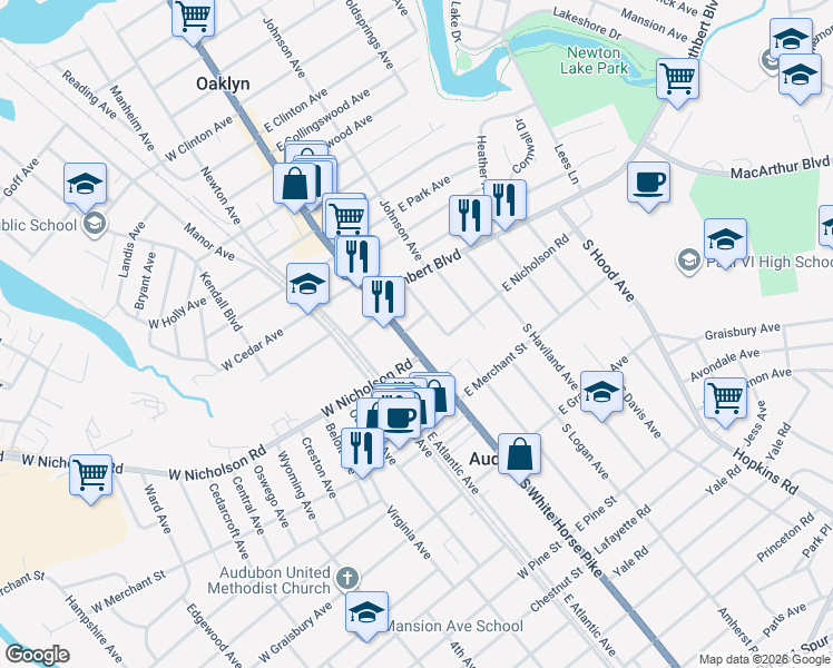 map of restaurants, bars, coffee shops, grocery stores, and more near in Audubon