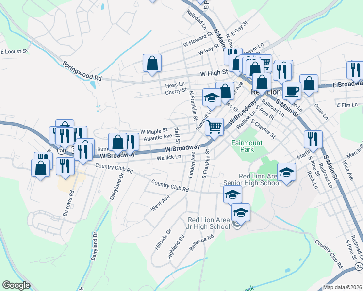map of restaurants, bars, coffee shops, grocery stores, and more near 548 West Broadway in Red Lion