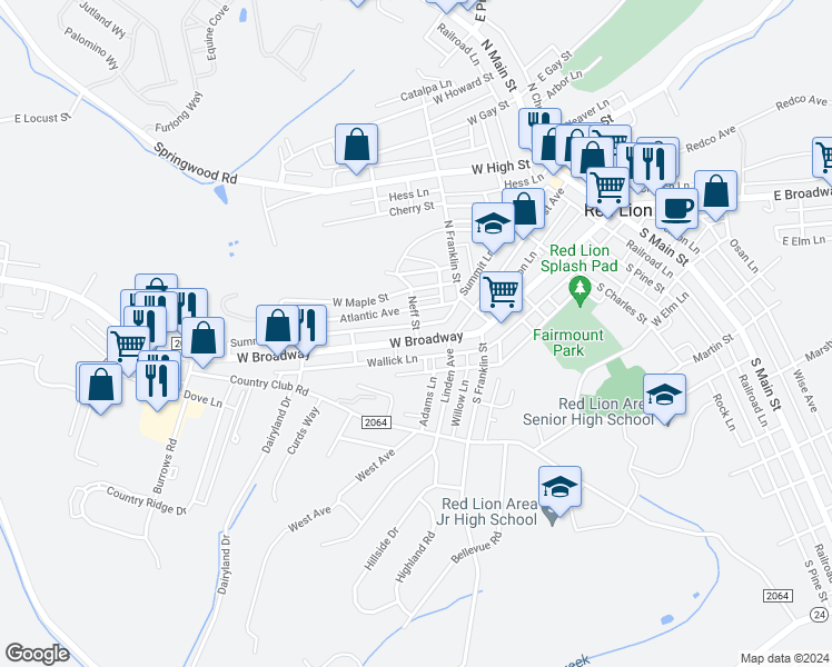map of restaurants, bars, coffee shops, grocery stores, and more near 548 West Broadway in Red Lion