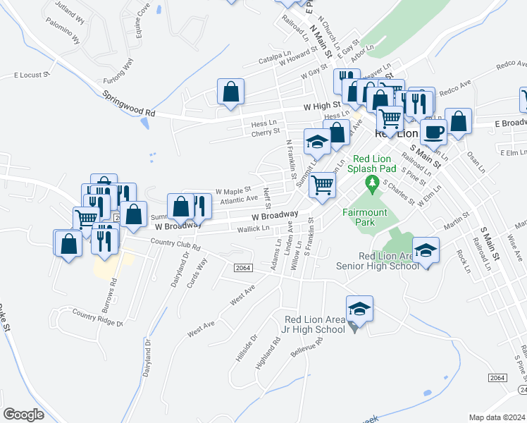 map of restaurants, bars, coffee shops, grocery stores, and more near 548 West Broadway in Red Lion