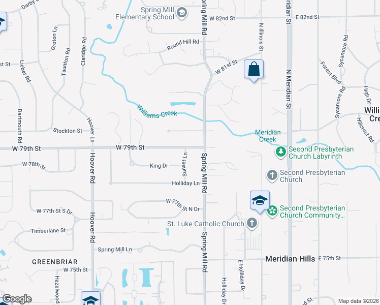 map of restaurants, bars, coffee shops, grocery stores, and more near 7871 Sunset Lane in Indianapolis