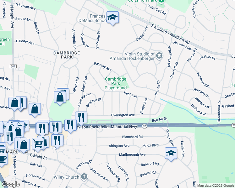 map of restaurants, bars, coffee shops, grocery stores, and more near 21 Erynwood Avenue in Evesham