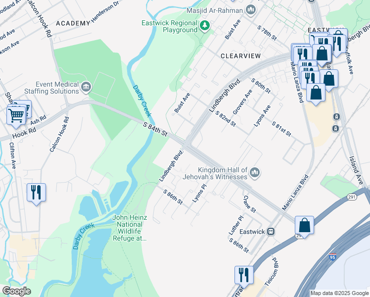 map of restaurants, bars, coffee shops, grocery stores, and more near 8400 Lindbergh Boulevard in Philadelphia