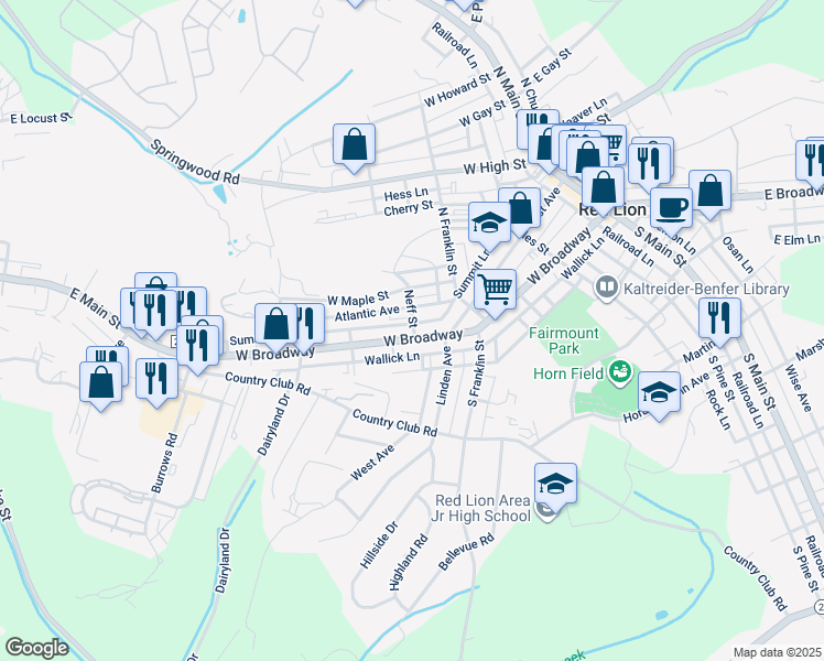 map of restaurants, bars, coffee shops, grocery stores, and more near 603 West Broadway in Red Lion