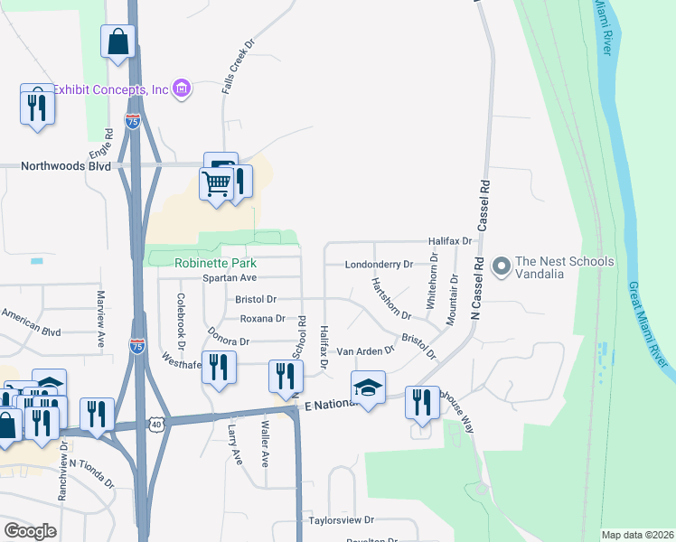 map of restaurants, bars, coffee shops, grocery stores, and more near 222 Halifax Drive in Vandalia