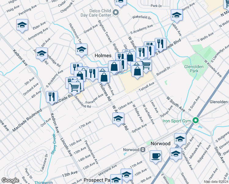 map of restaurants, bars, coffee shops, grocery stores, and more near 202 Green Avenue in Holmes