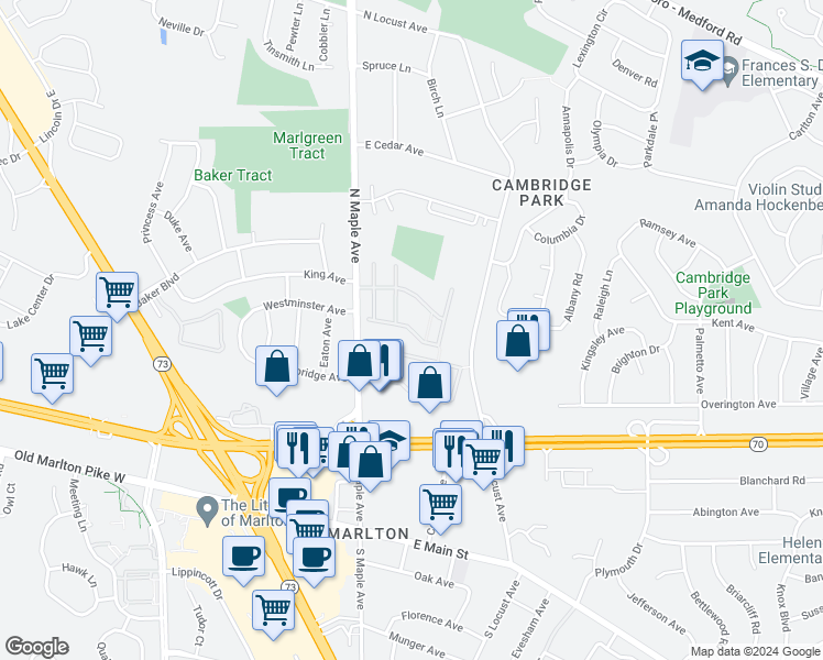 map of restaurants, bars, coffee shops, grocery stores, and more near Allison Apartments Road in Evesham Township