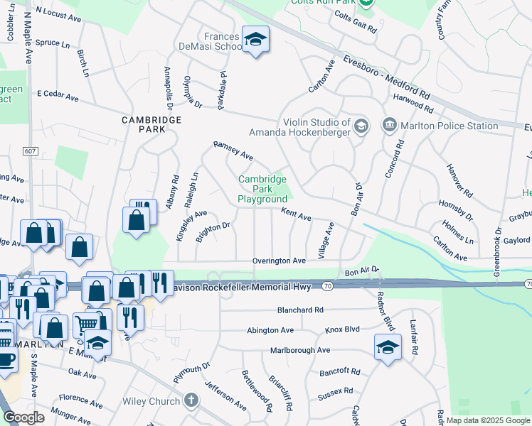 map of restaurants, bars, coffee shops, grocery stores, and more near 21 Erynwood Avenue in Evesham