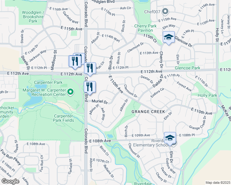 map of restaurants, bars, coffee shops, grocery stores, and more near 11015 Bellaire Circle in Thornton