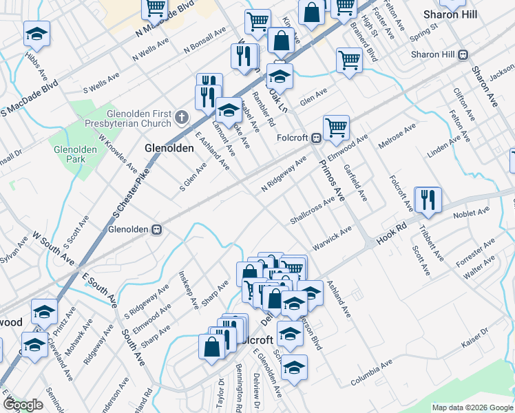 map of restaurants, bars, coffee shops, grocery stores, and more near 1807 Elmwood Avenue in Folcroft