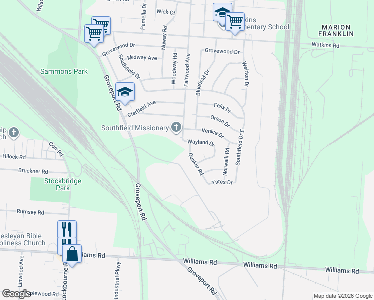map of restaurants, bars, coffee shops, grocery stores, and more near 3333 Quaker Road in Columbus
