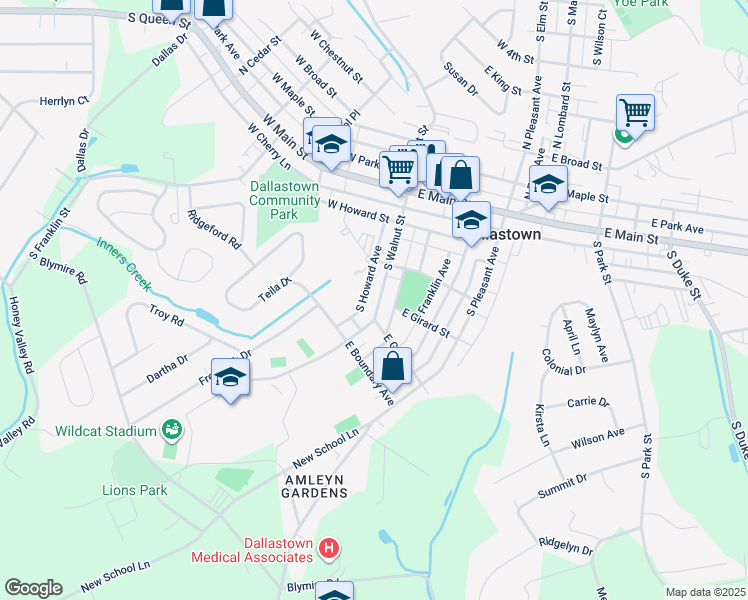 map of restaurants, bars, coffee shops, grocery stores, and more near 260 South Walnut Street in Dallastown
