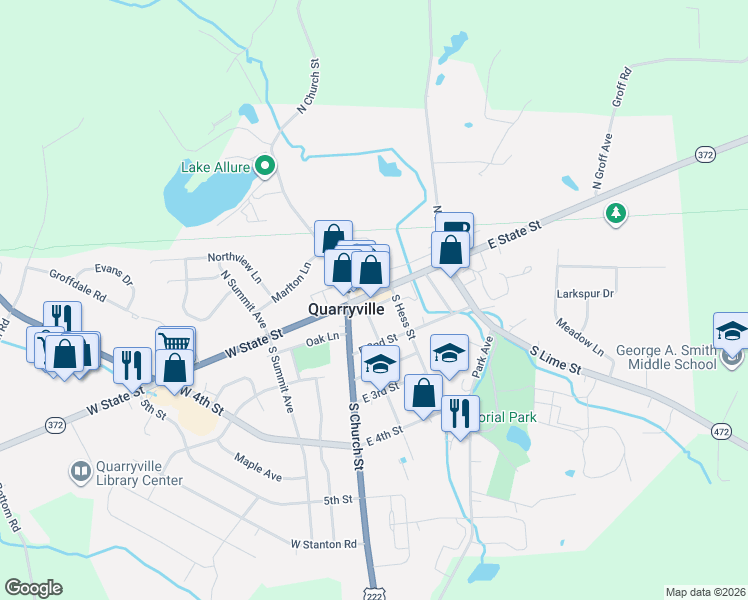map of restaurants, bars, coffee shops, grocery stores, and more near 21 East State Street in Quarryville