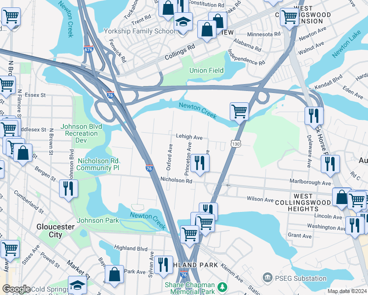 map of restaurants, bars, coffee shops, grocery stores, and more near 64 Princeton Avenue in Gloucester City