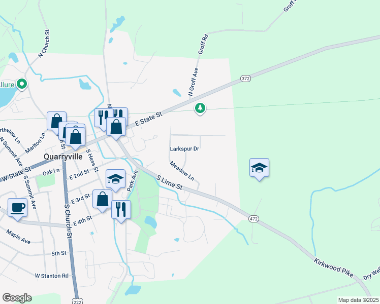 map of restaurants, bars, coffee shops, grocery stores, and more near 118 Larkspur Drive in Quarryville