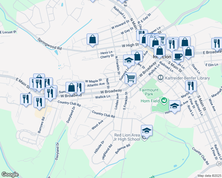 map of restaurants, bars, coffee shops, grocery stores, and more near 529 West Broadway in Red Lion