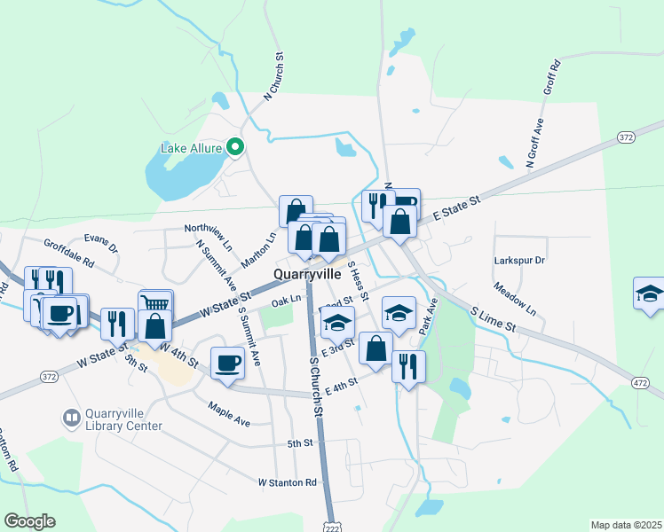 map of restaurants, bars, coffee shops, grocery stores, and more near 21 East State Street in Quarryville