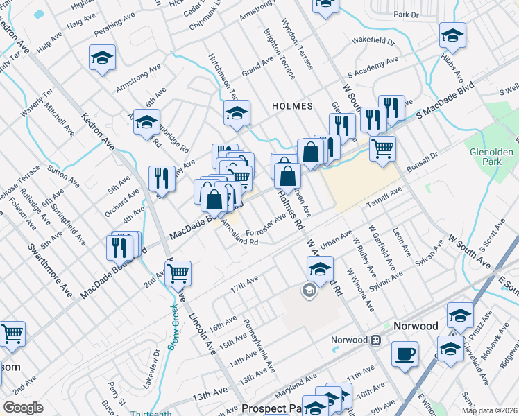 map of restaurants, bars, coffee shops, grocery stores, and more near 208 Norwood Avenue in Holmes