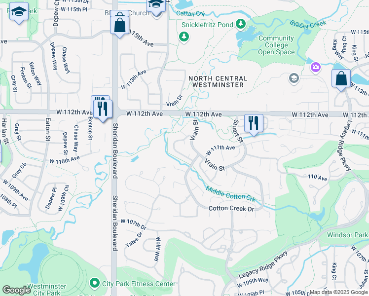 map of restaurants, bars, coffee shops, grocery stores, and more near 11006 Vrain Court in Westminster