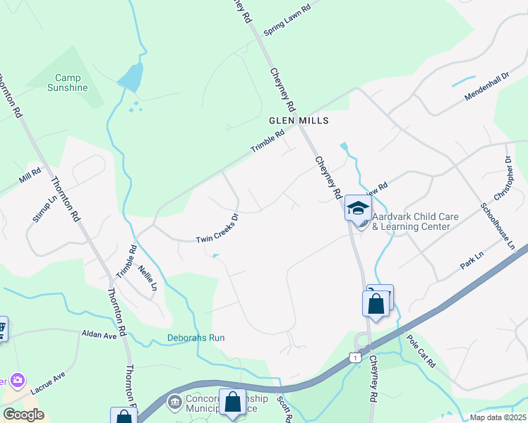 map of restaurants, bars, coffee shops, grocery stores, and more near 54 Patricia Lane in Glen Mills