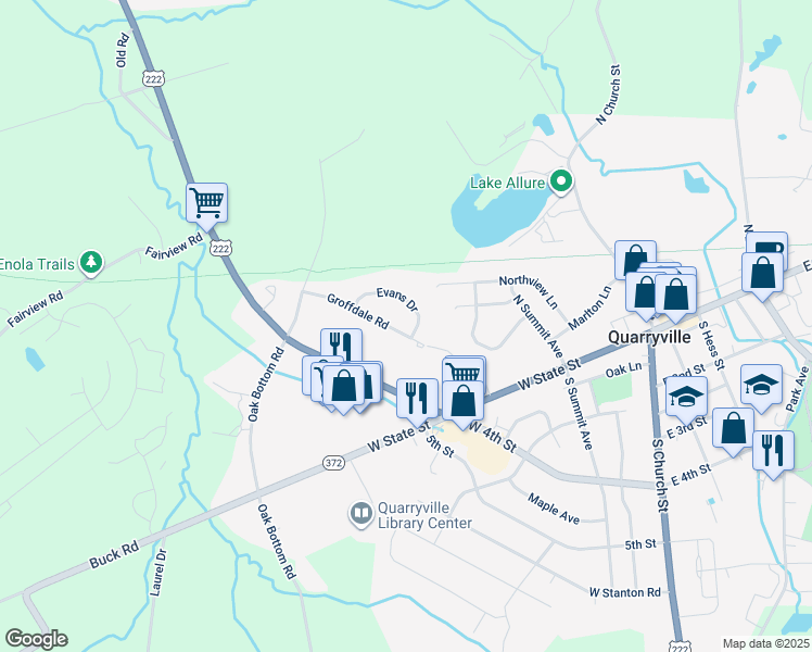 map of restaurants, bars, coffee shops, grocery stores, and more near 419 Groffdale Road in Quarryville