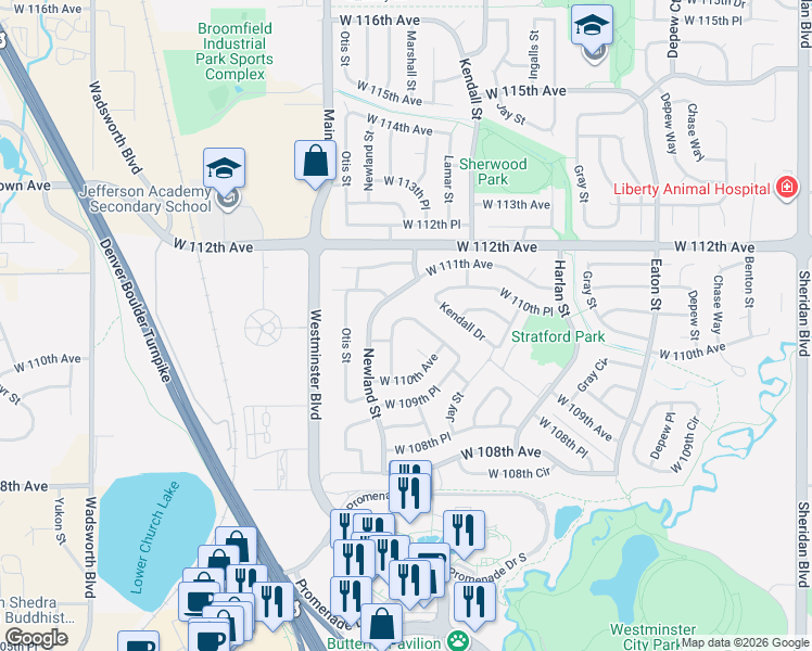 map of restaurants, bars, coffee shops, grocery stores, and more near 11060 Marshall Street in Broomfield