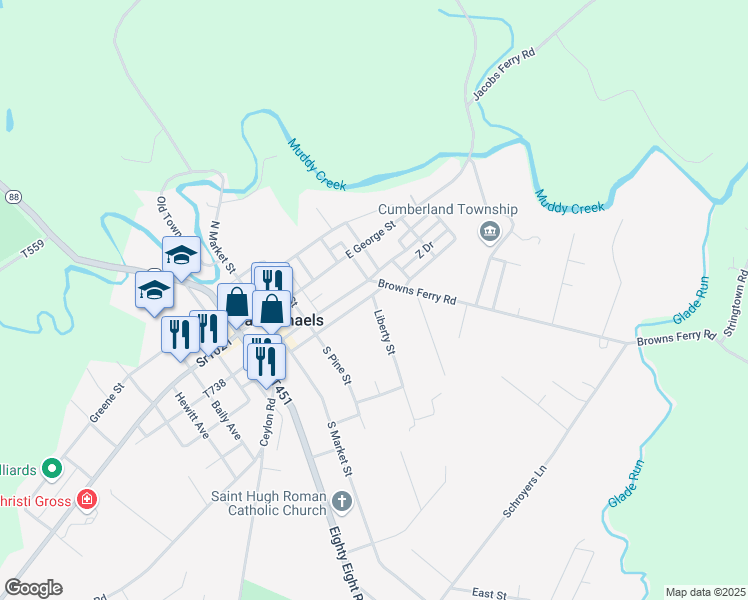 map of restaurants, bars, coffee shops, grocery stores, and more near 211 Liberty Street in Carmichaels
